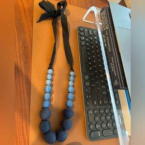 LOFT Round Beaded Oversized Blue Ball Necklace w Black Ribbon Tie